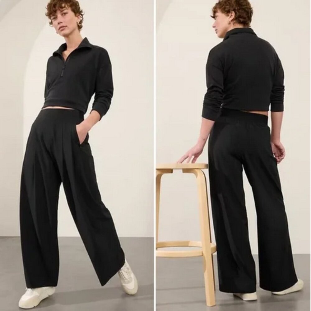 Athleta Brooklyn Heights High Rise Pleated Wide Leg Pant, NWT, Black, 12 Tall